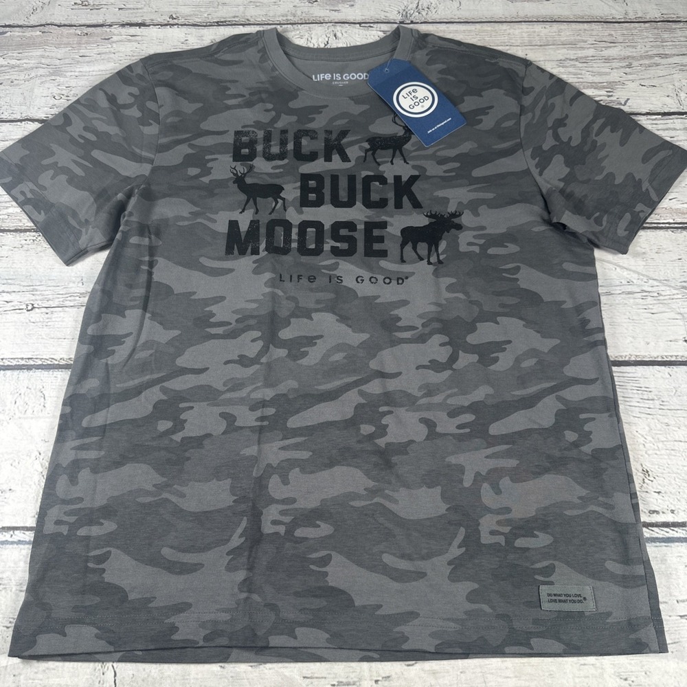New Men's Life Is Good Buck Buck Moose Gray Camo SS Crusher Tee  Small NWT